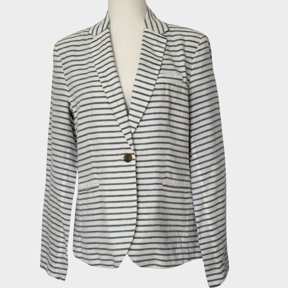 GAP Women's Linen Blend Striped Preppy Single Button Blazer Blue White Size 10 - Picture 1 of 8